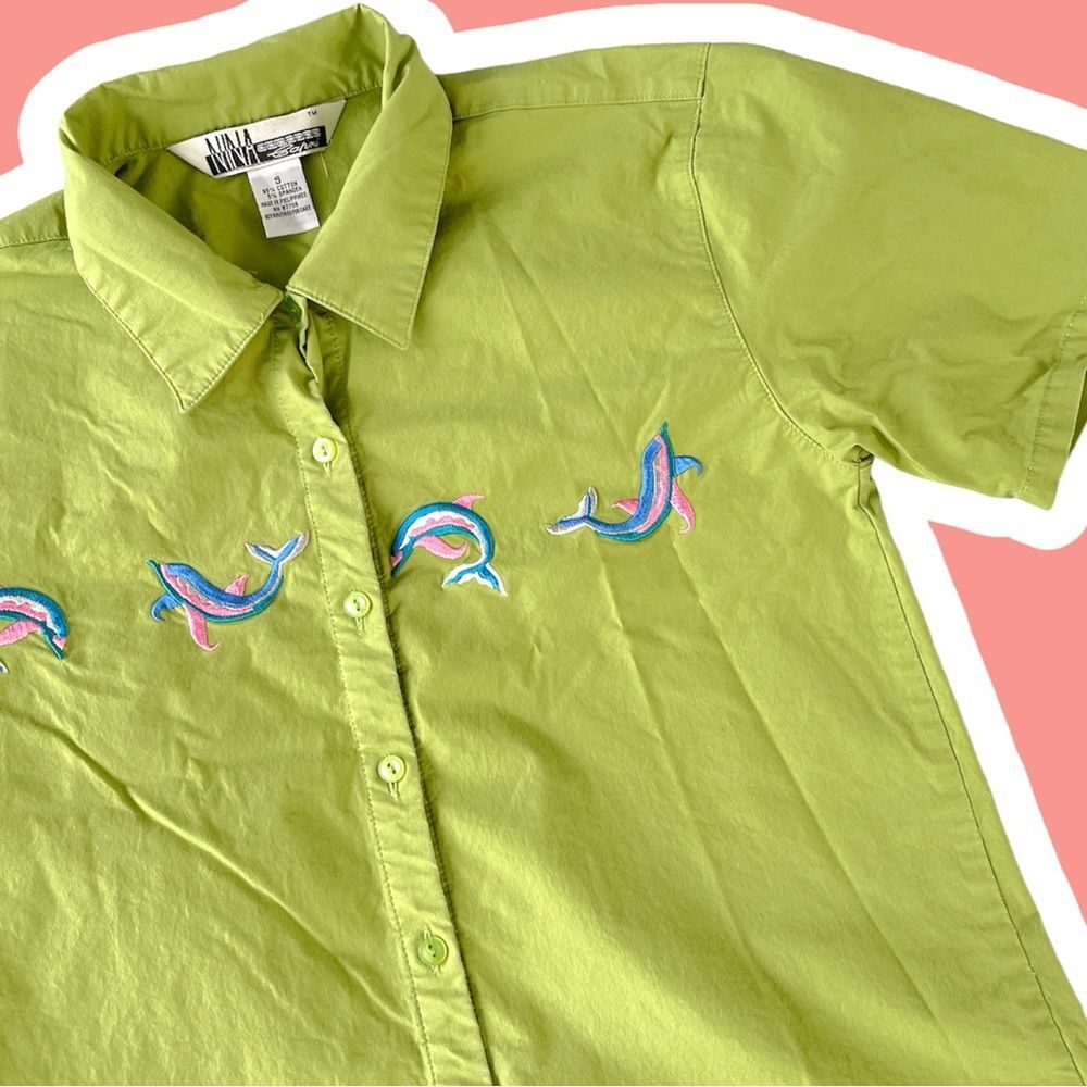 Vintage Green Dolphin Embroidered Short Sleeved Top Floptropica Vacation Grandma